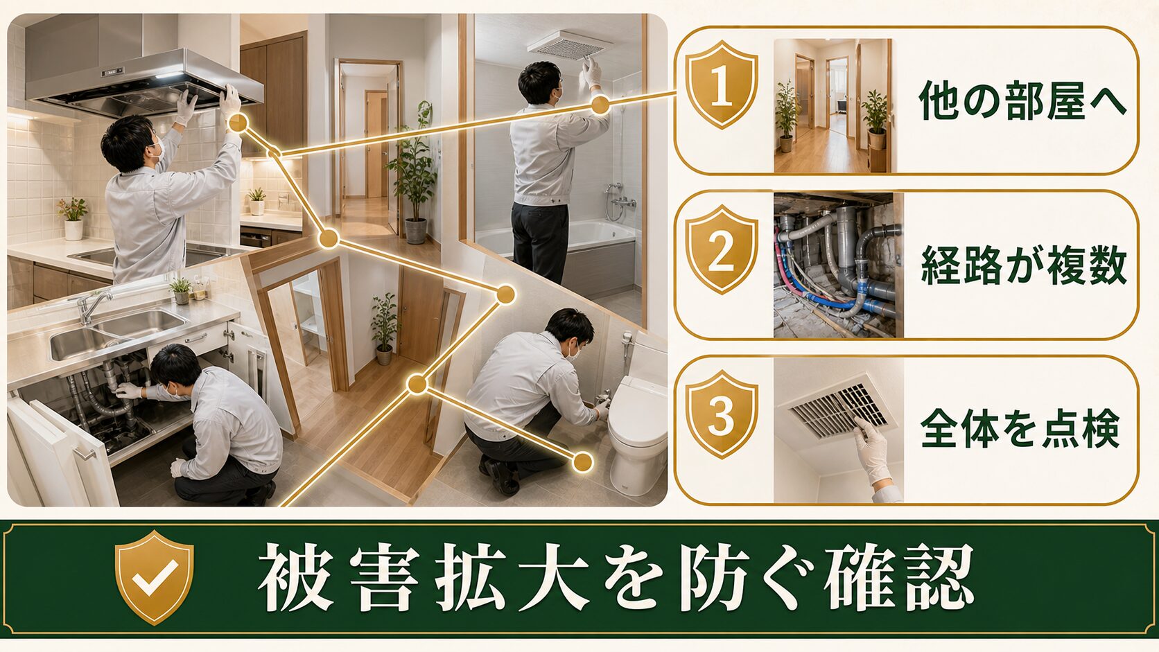 換気扇から他の部屋へ被害が広がるリスクを示す図解