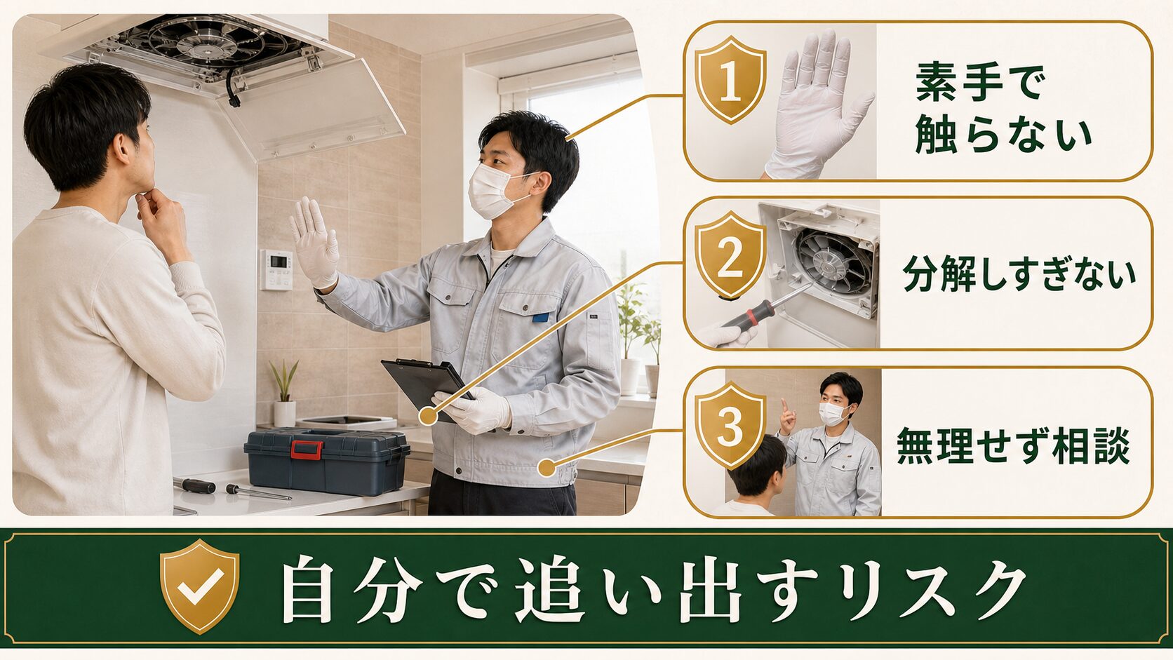 自分で換気扇を分解して追い出すリスクを示す図解