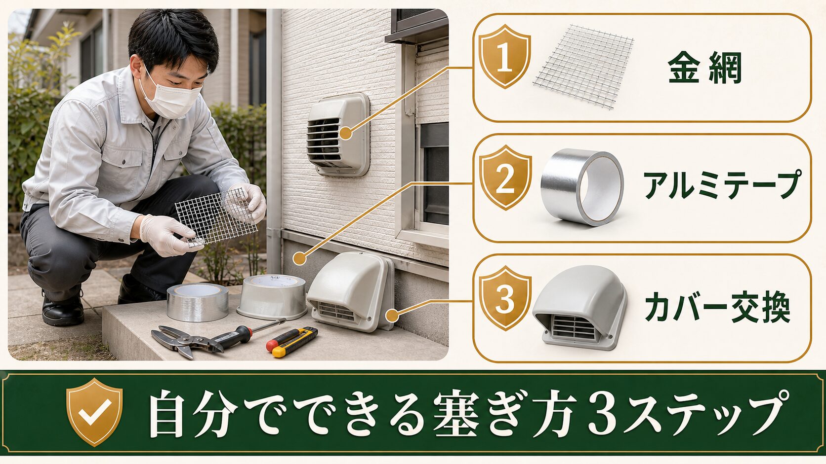 自分でできる換気扇の塞ぎ方3ステップを示す図解
