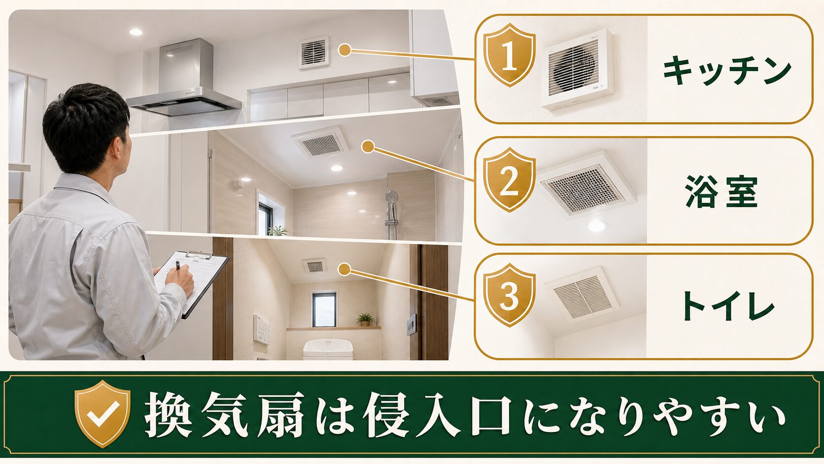 キッチン・浴室・トイレの換気扇が侵入口になりやすい理由を示す図解
