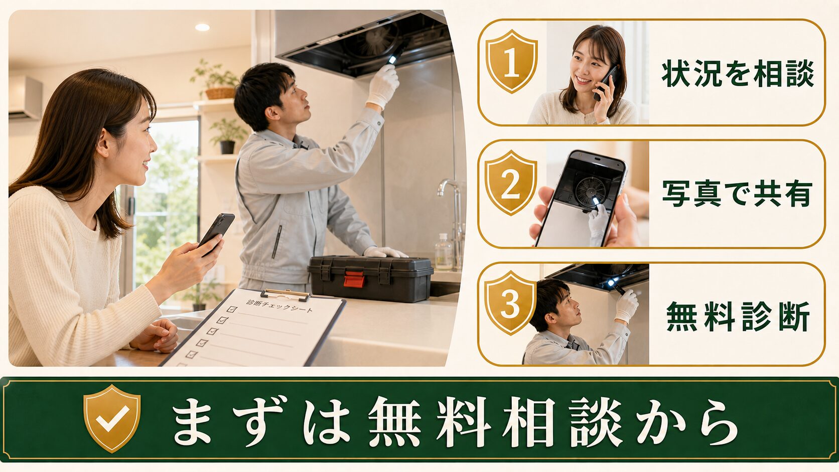 換気扇のネズミ対策を無料相談する流れを示す図解