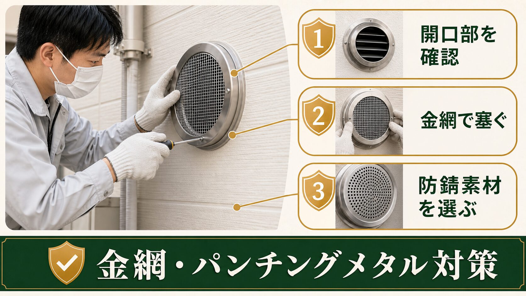 換気扇の開口部に金網やパンチングメタルを設置する図解