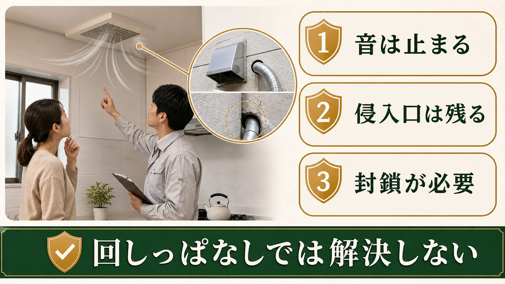 換気扇を回しっぱなしでも根本解決にならないことを示す図解