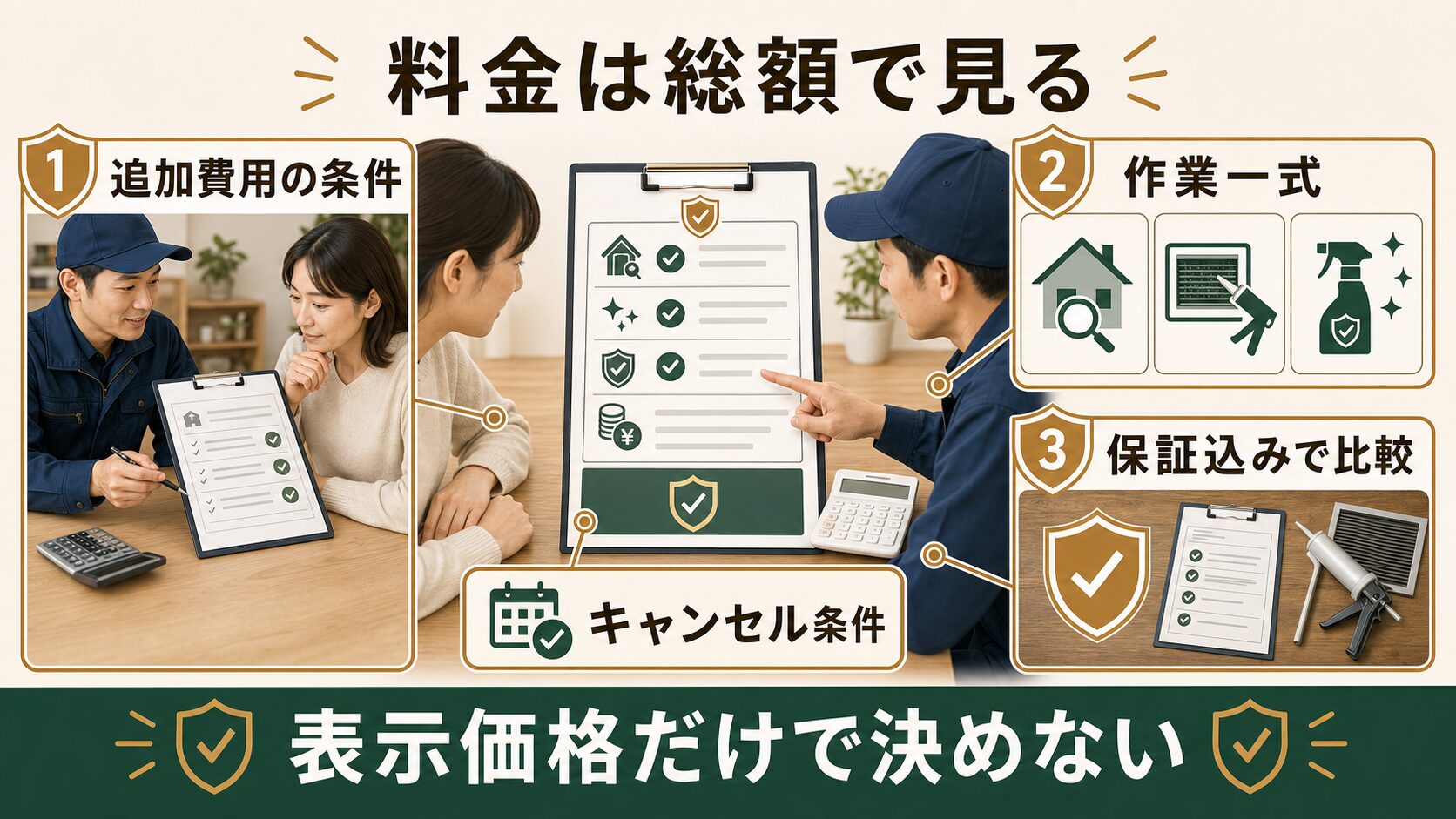 害獣駆除の料金で追加費用、作業一式、保証込み総額、キャンセル条件を確認する図解