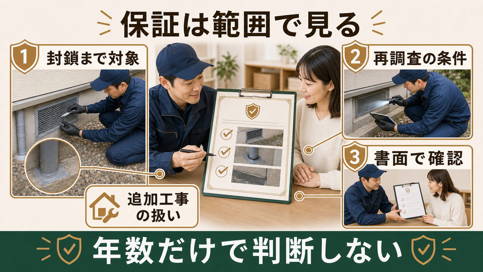 害獣駆除の再発保証で封鎖対象、再調査条件、書面確認、追加工事の扱いを確認する図解