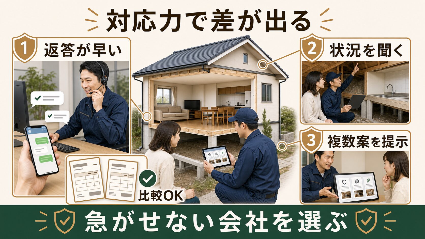 害獣駆除業者の返答の早さ、状況確認、複数提案、比較しやすさを示す対応力の図解