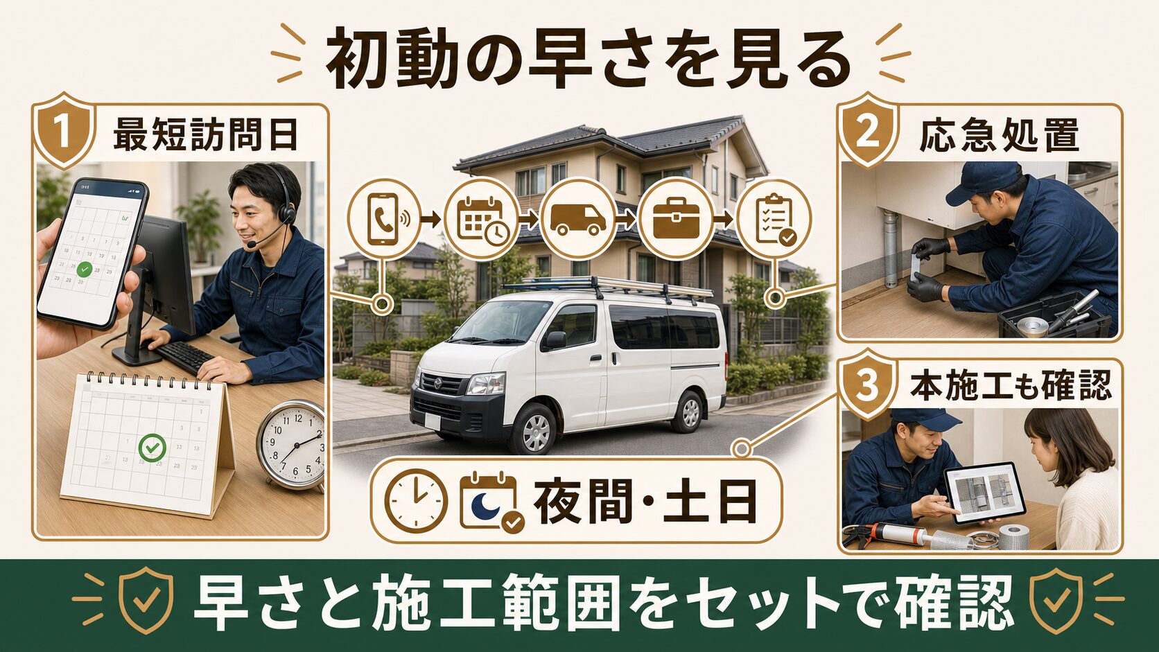害獣駆除業者の最短訪問日、応急処置、本施工範囲、夜間土日対応を確認するスピードの図解