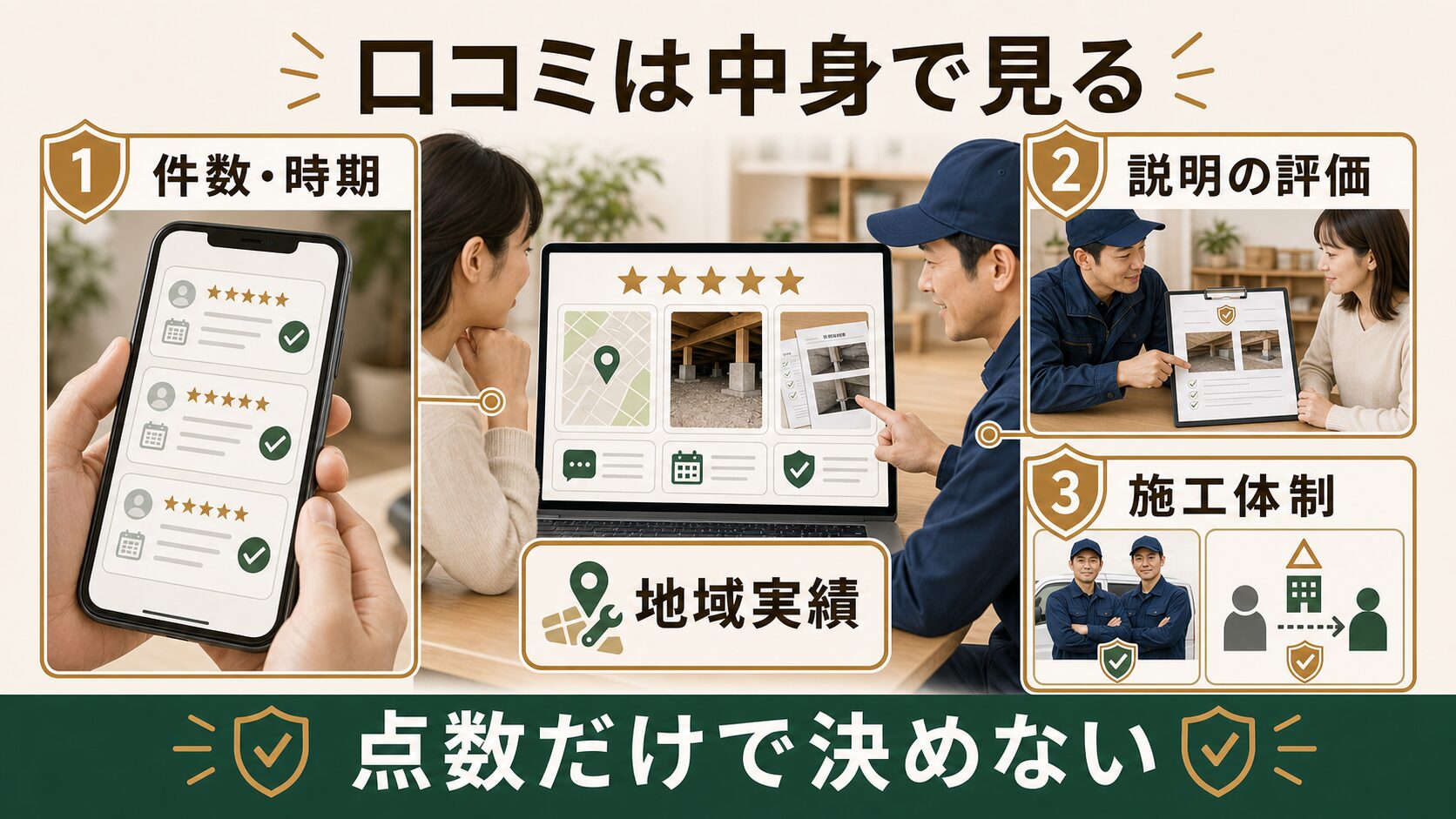害獣駆除業者の口コミで件数時期、説明の評価、施工体制、地域実績を確認する図解