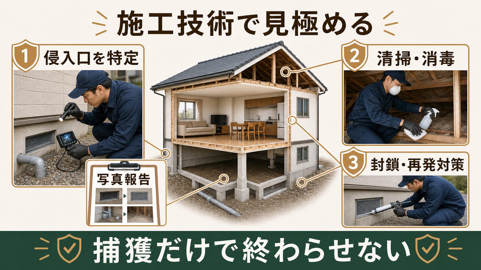 害獣駆除の侵入口特定、清掃消毒、封鎖、写真報告まで確認する施工技術の図解