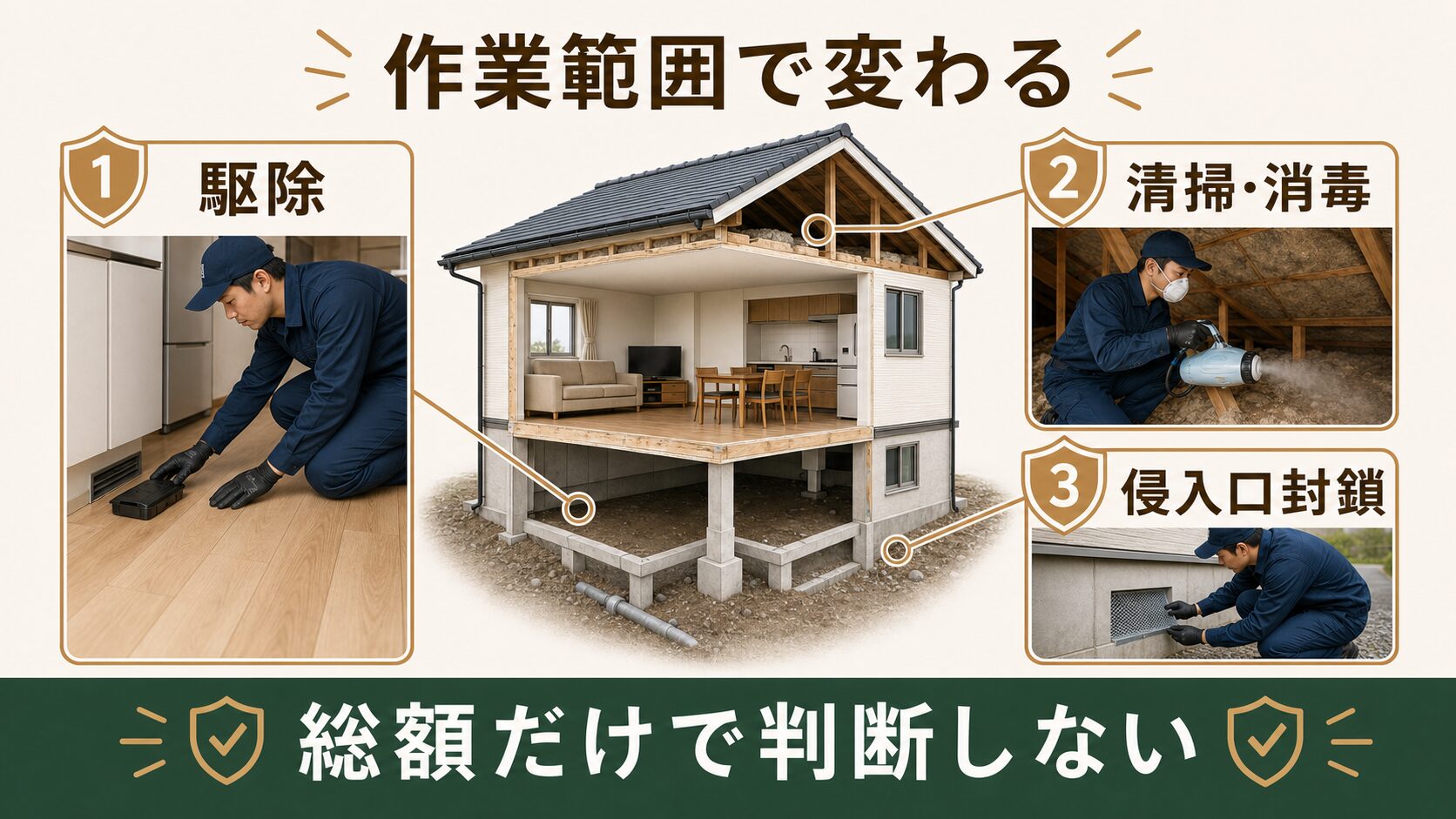 ネズミ駆除の作業範囲で費用が変わることを解説する図解