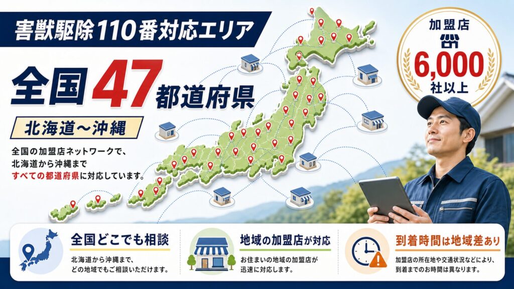 害獣駆除110番の対応エリアと到着スピードを示すイメージ