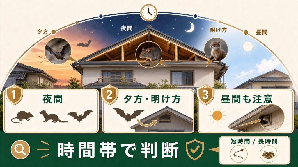 動物の活動時間帯による見分け方を説明するイメージ