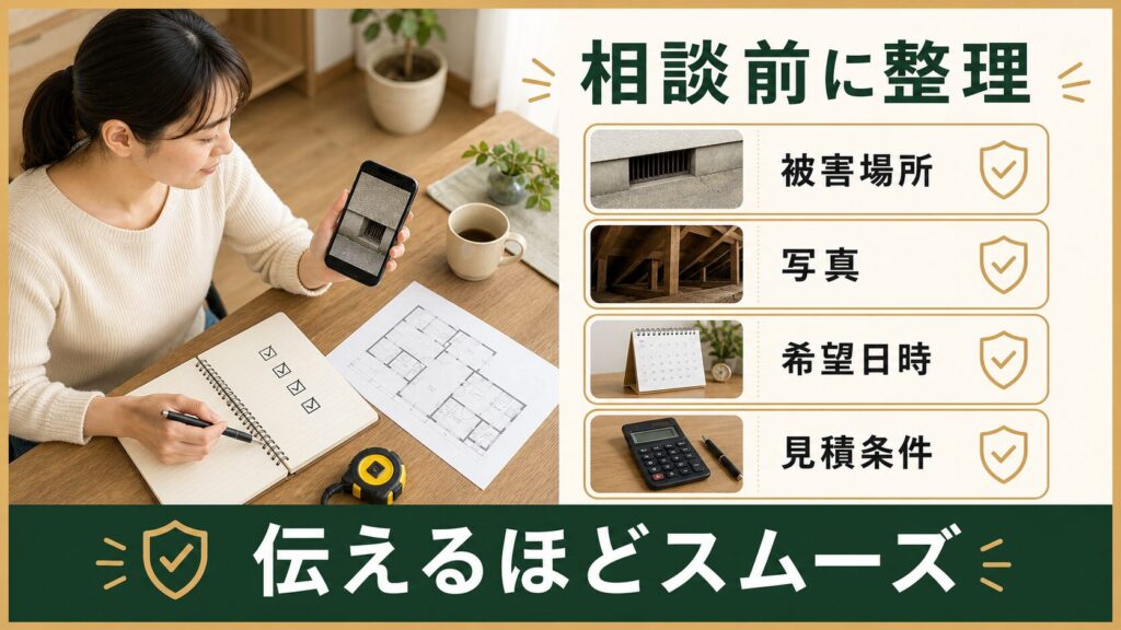 業者への相談前に被害場所・写真・希望日時・見積条件を整理しておくとスムーズなことを示すイメージ