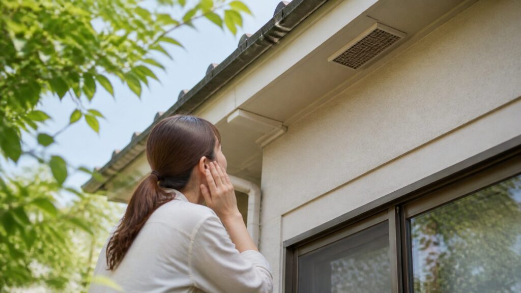 住宅の軒下の通気口を見上げ、物音に耳を澄ませる女性
