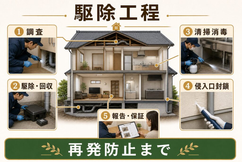 害獣BUZZの駆除工程(調査・駆除回収・清掃消毒・侵入口封鎖・報告保証)を示す図解
