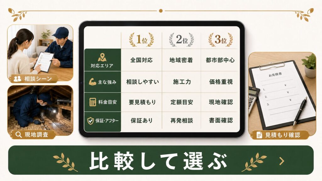TOP3業者の対応エリア・強み・料金目安・保証を比較するイメージ