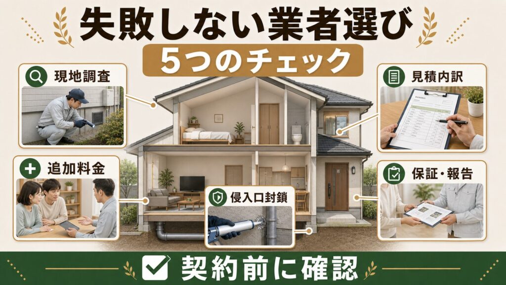 現地調査・見積内訳・追加料金・侵入口封鎖・保証報告など、業者選びで確認すべき5つのポイントを示すイメージ