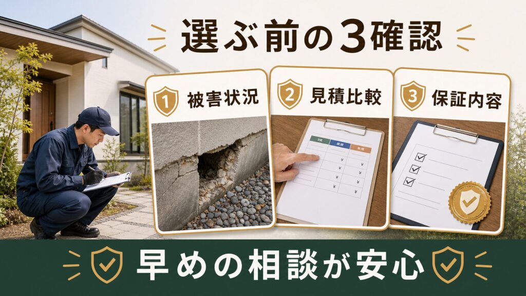 業者を選ぶ前に被害状況・見積比較・保証内容の3点を確認し早めに相談することを示すイメージ