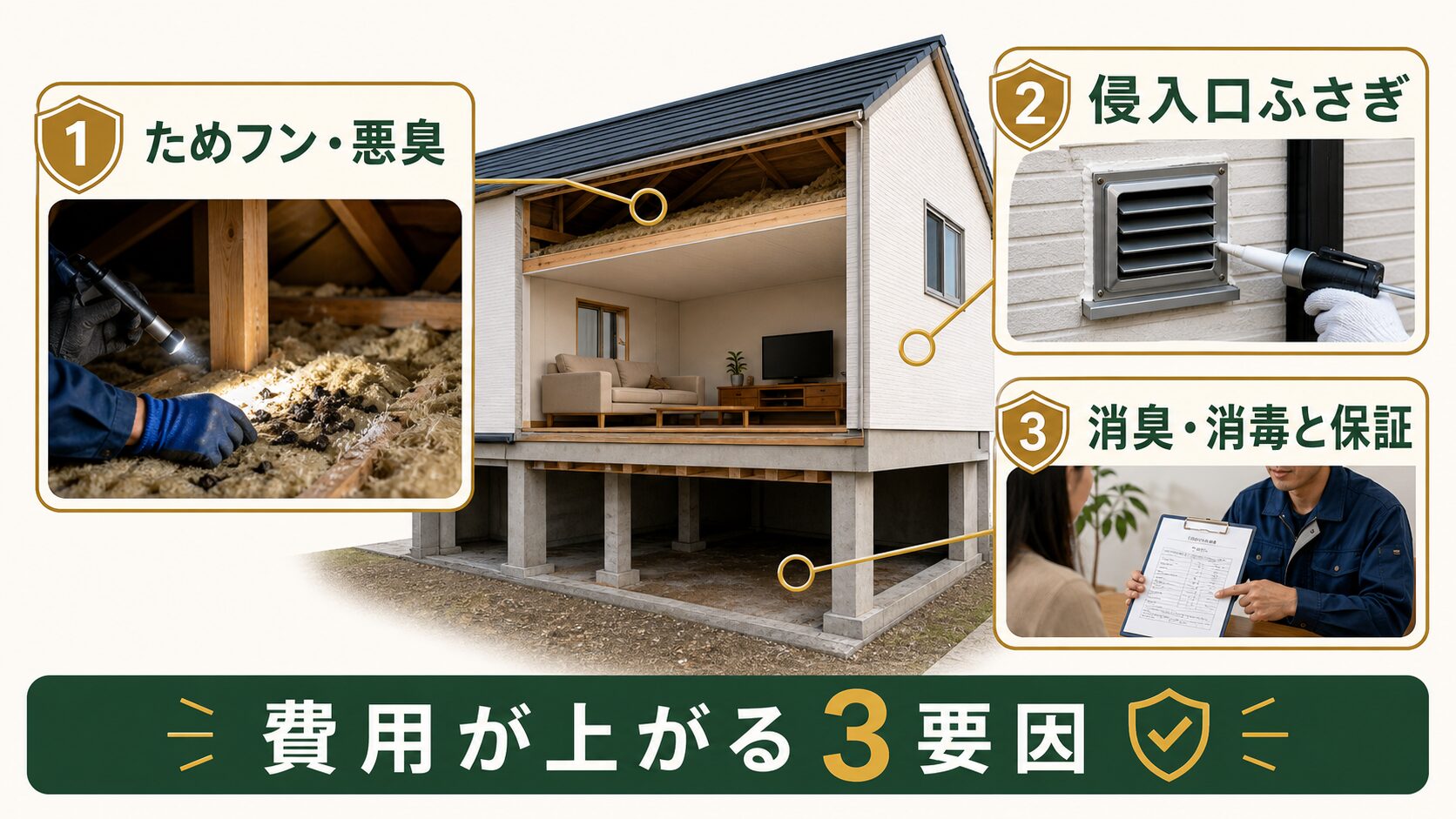 イタチ駆除の費用が上がる3要因のイメージ