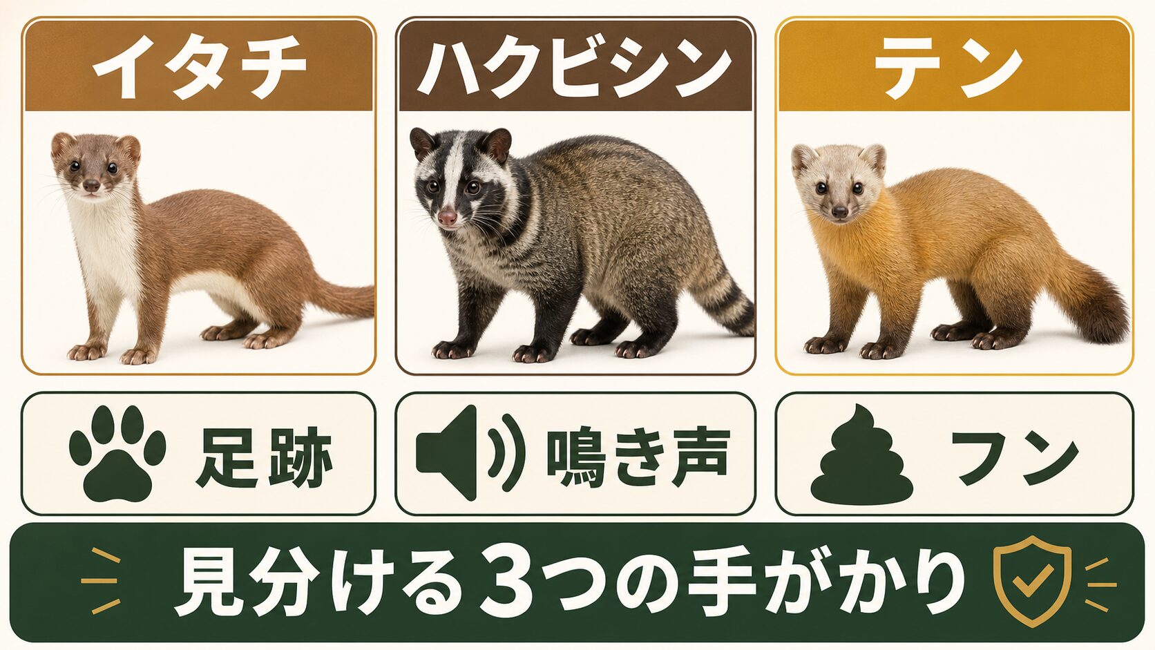 イタチ・ハクビシン・テンを見分ける手がかりのイメージ