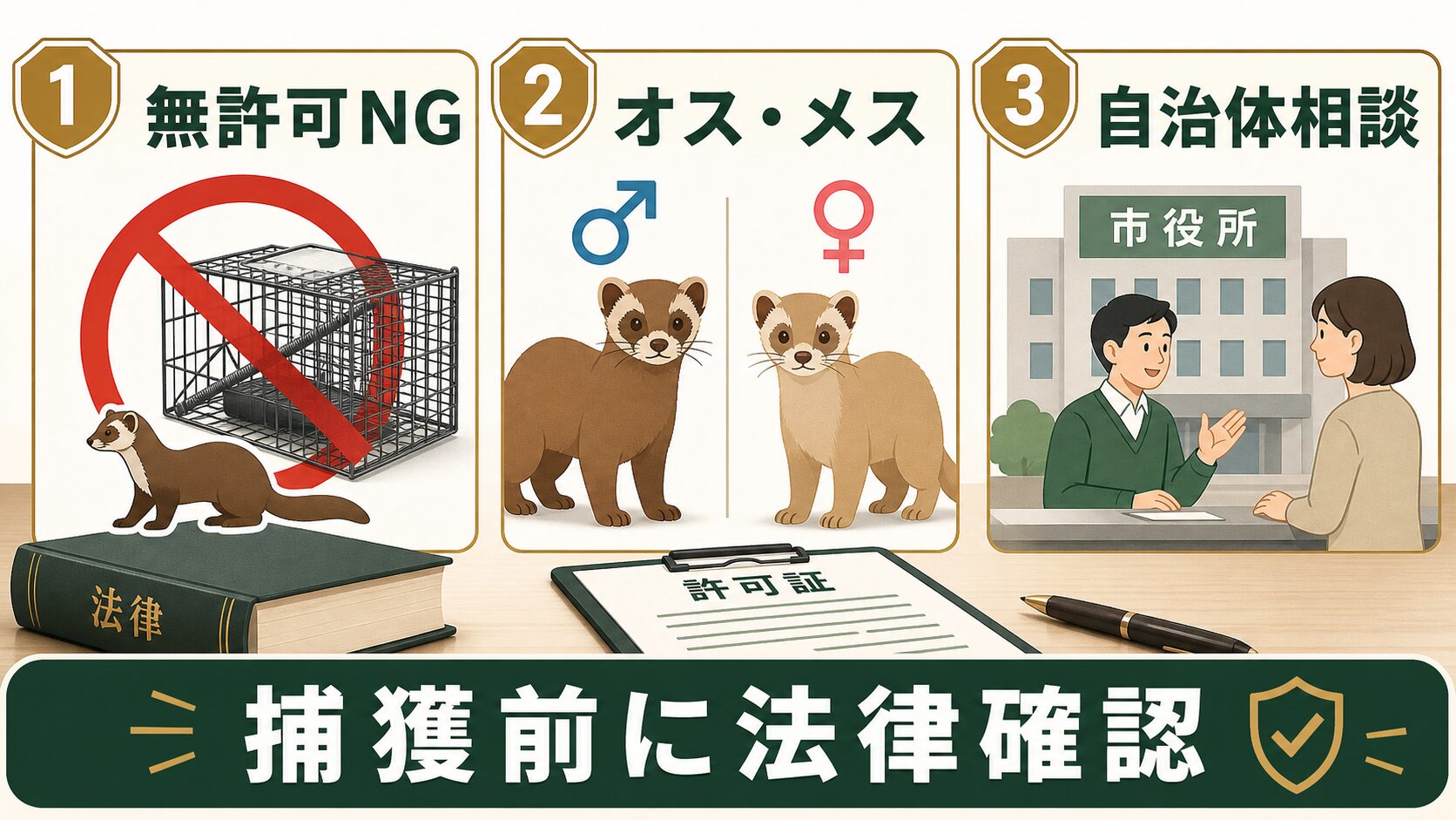 イタチ捕獲前に法律を確認するイメージ