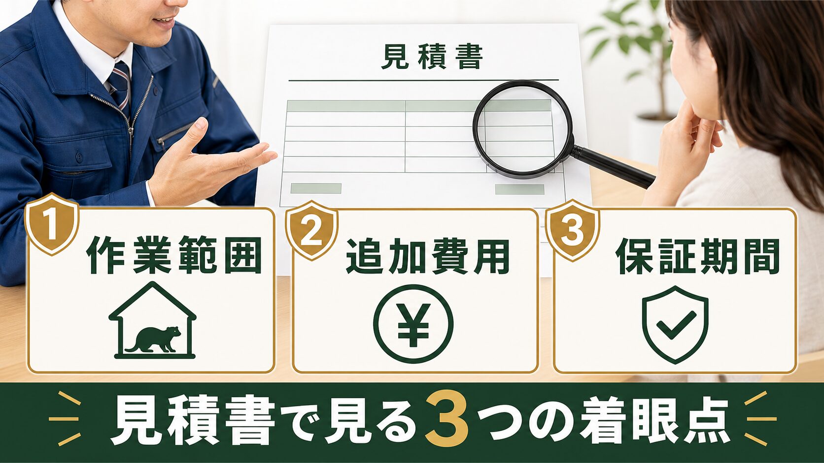 イタチ駆除業者の見積書で確認する3つの着眼点のイメージ