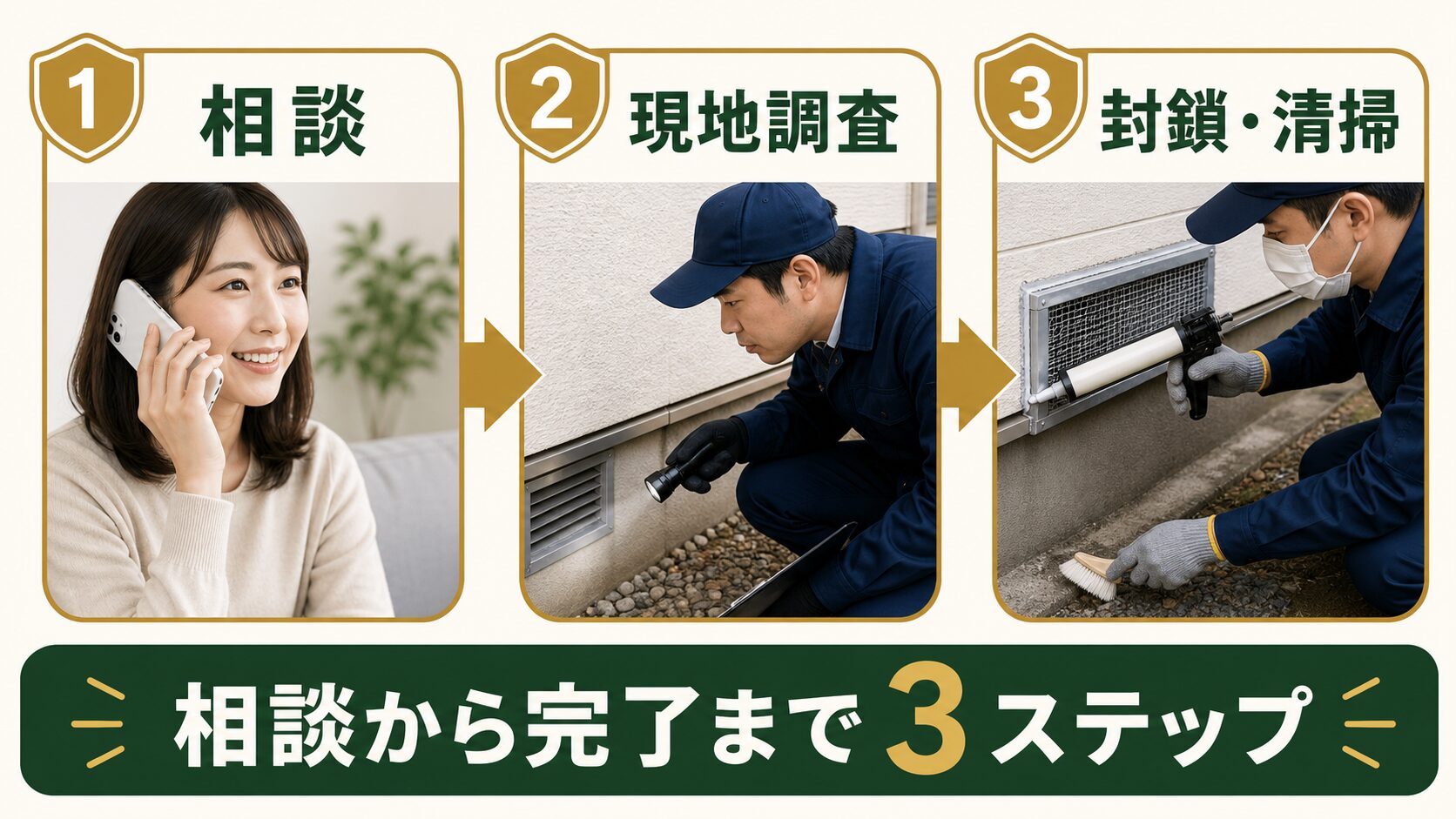 イタチ駆除の相談から完了まで3ステップのイメージ