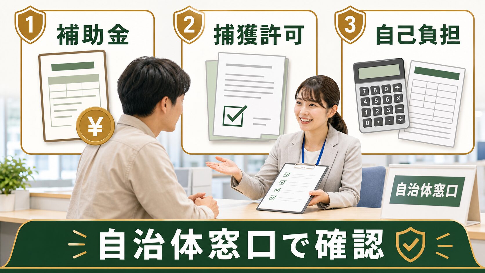 自治体窓口で補助金や捕獲許可を確認するイメージ