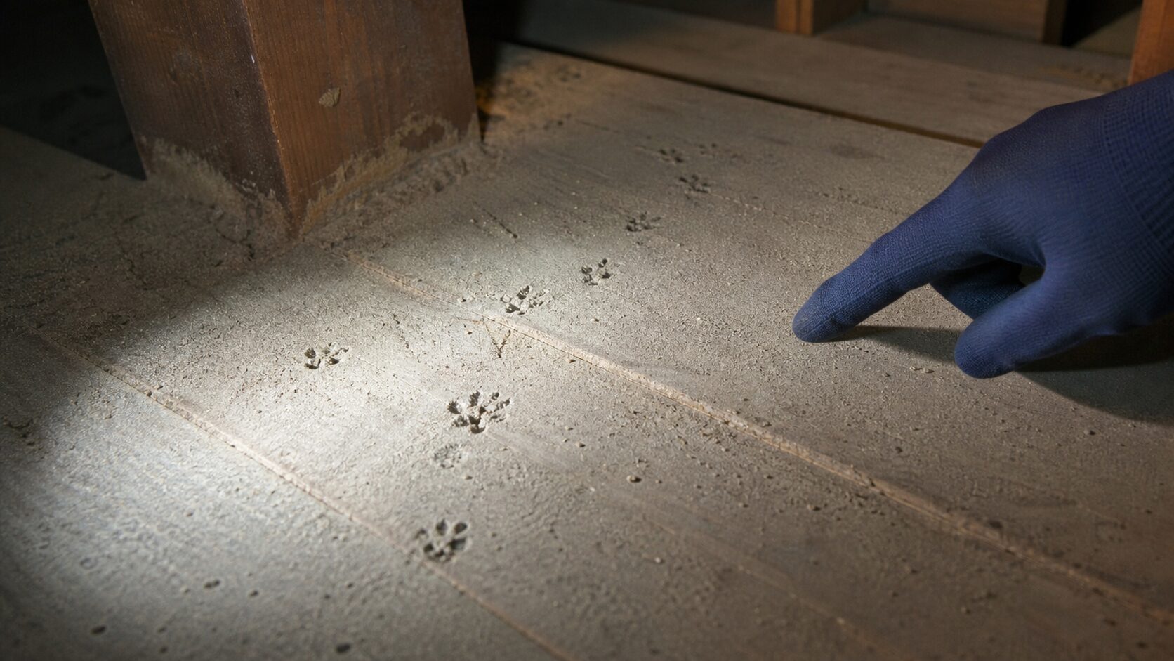 屋根裏の足跡からイタチなどの害獣を見分けるイメージ