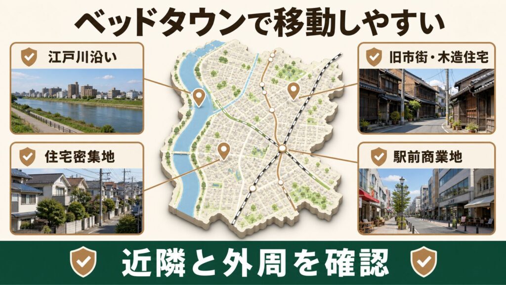 江戸川対岸で東京とつながる松戸市のベッドタウンのイメージ