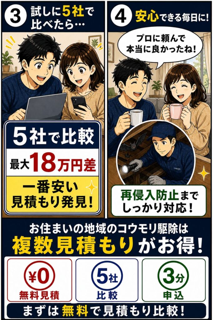 安さだけで選んで再発し、結局高くつくコウモリ駆除を描いた4コマ漫画②