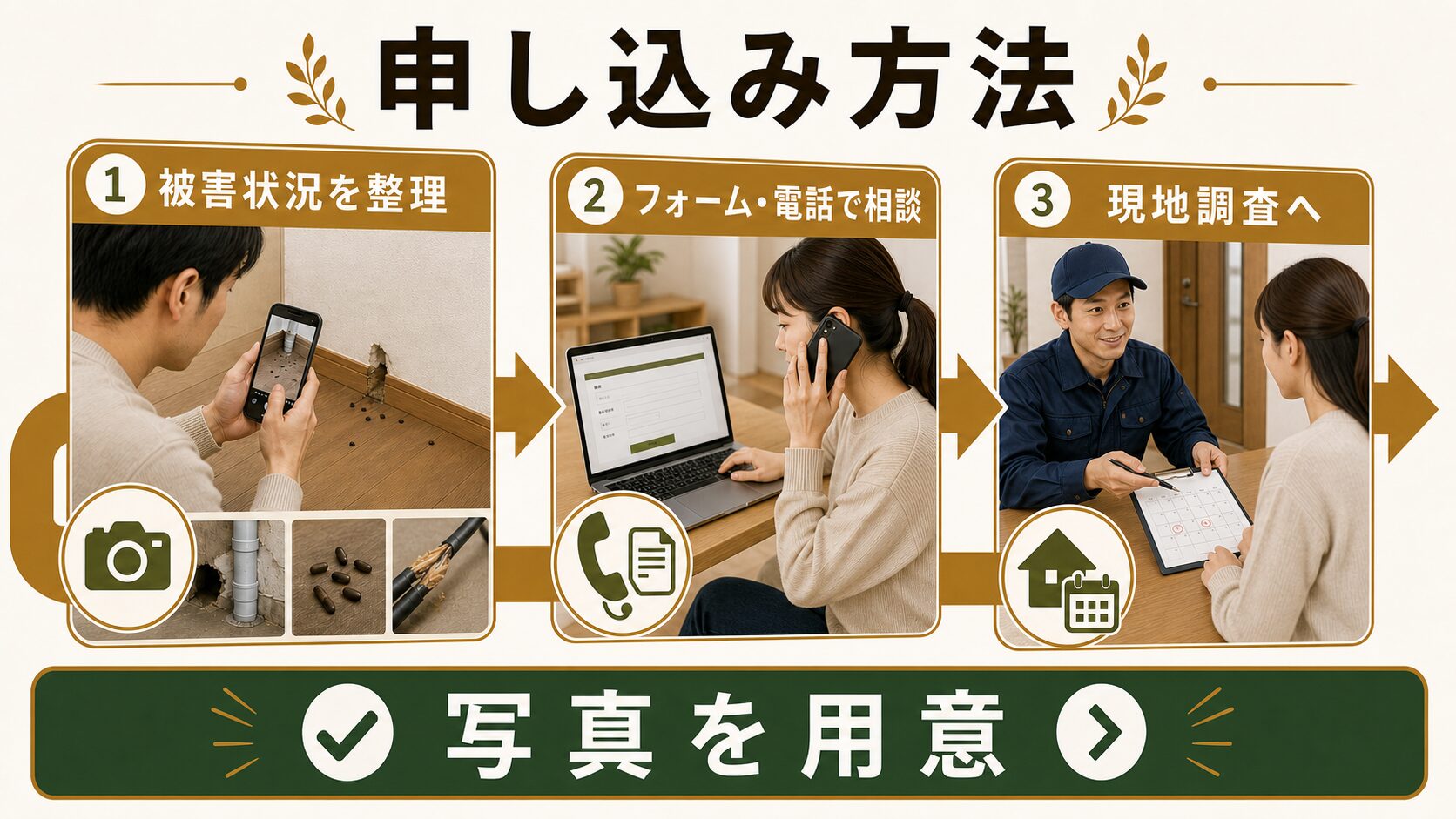 あおき消毒への申し込み方法は電話・メール・公式サイトの3経路のイメージ