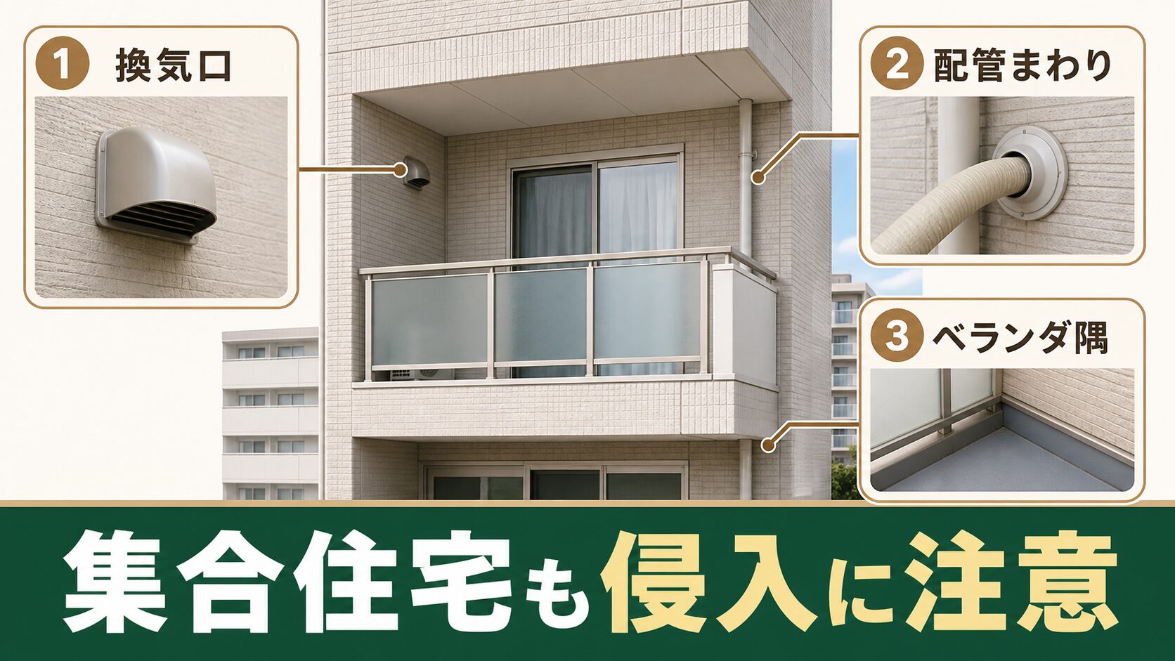 マンションのベランダや換気口にコウモリが住み着く場所のイメージ