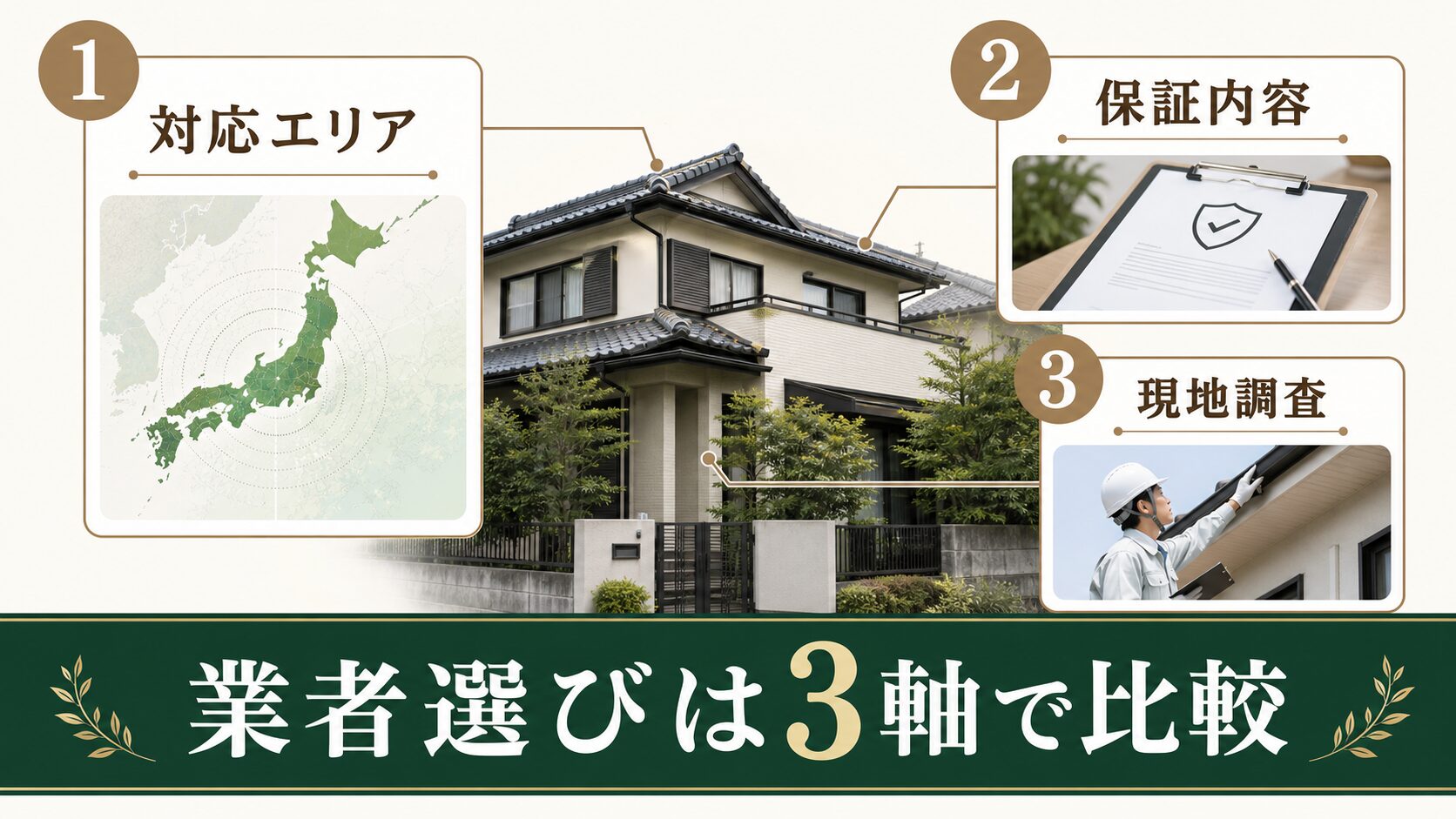 コウモリ駆除業者を対応エリアと保証で比較するイメージ