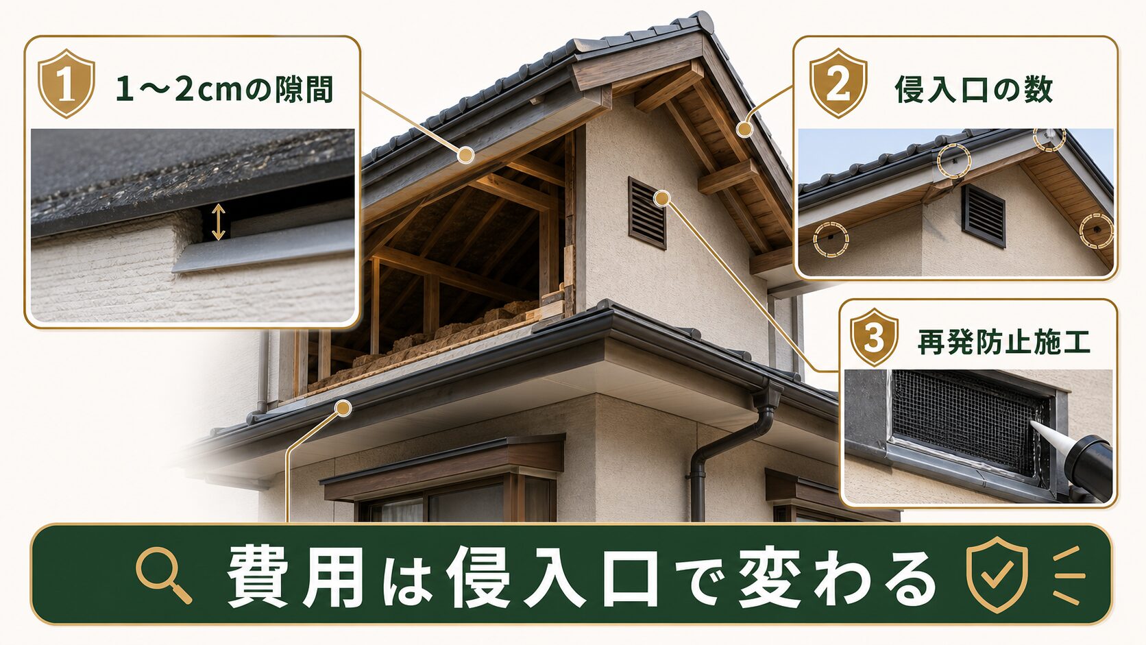 コウモリ駆除の費用が侵入口の数で変わることを説明するイメージ