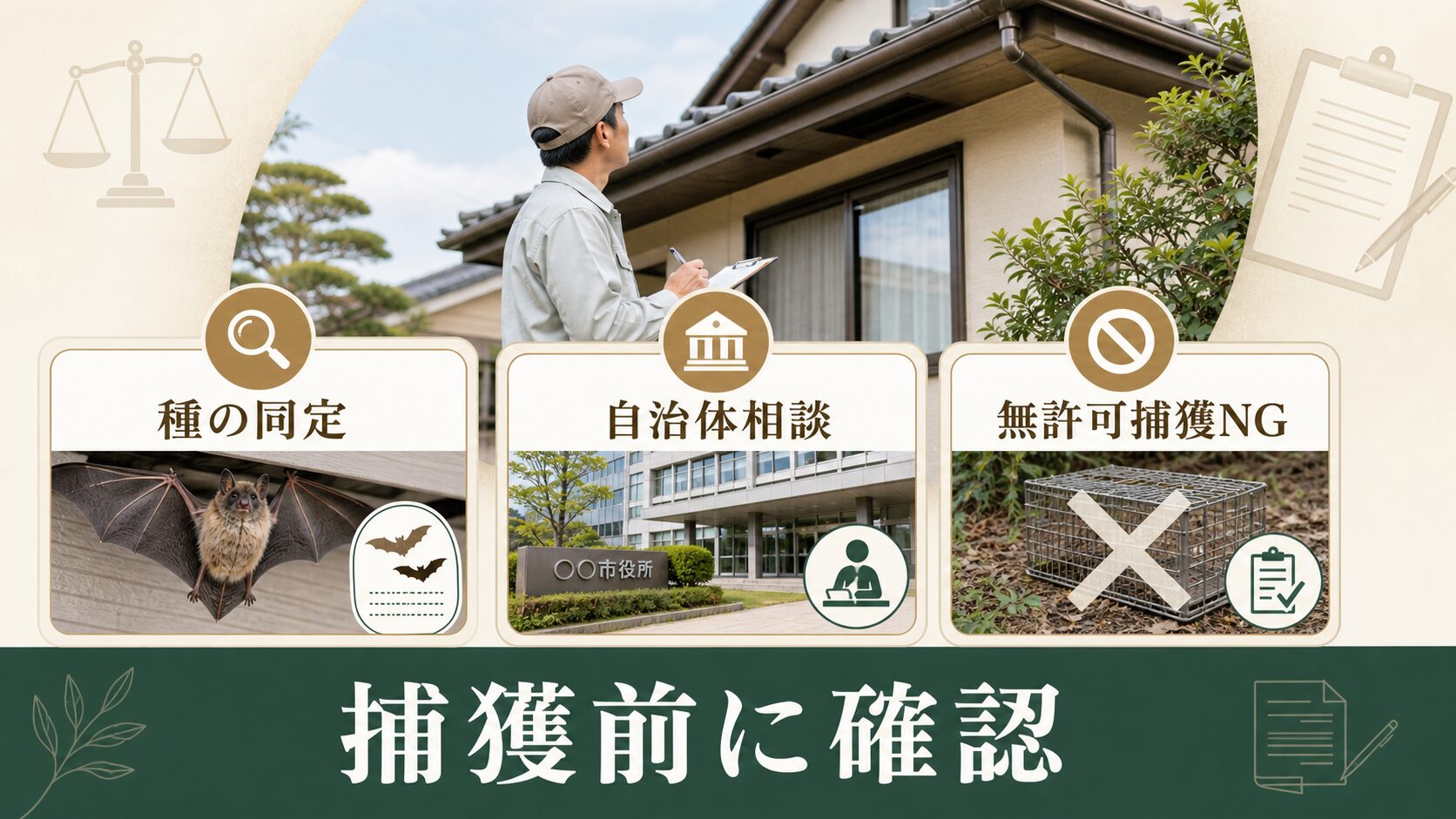 コウモリ駆除で鳥獣保護管理法を確認するイメージ