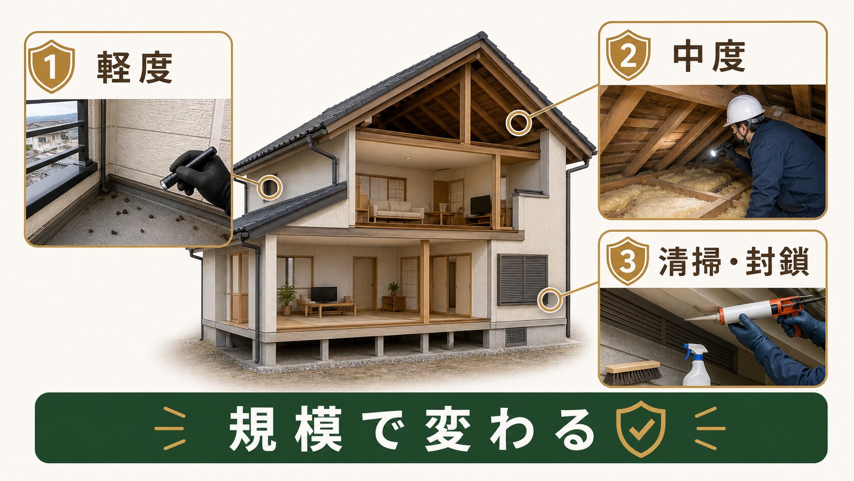 コウモリ駆除の費用が被害規模で変わるイメージ
