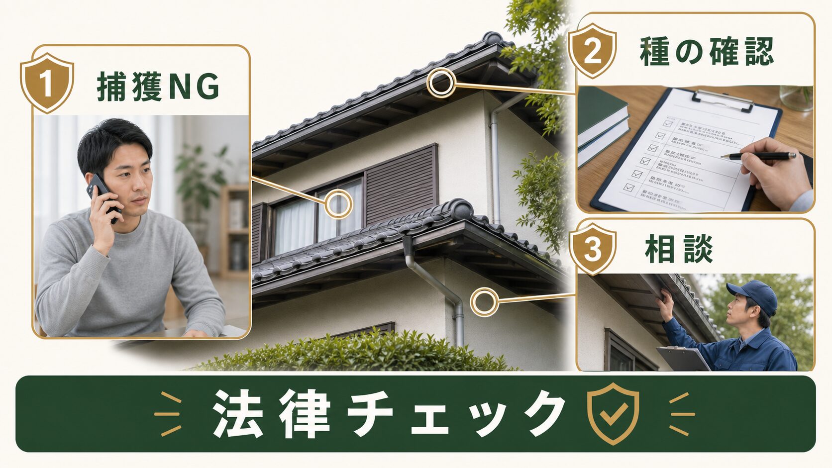 コウモリ駆除で法律確認が必要なことを示すイメージ