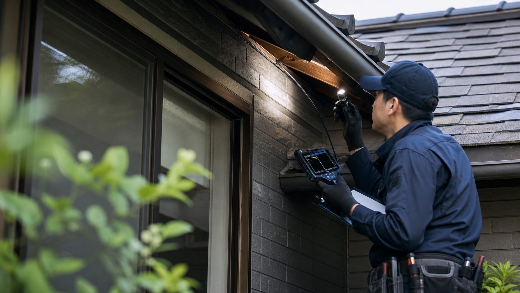専門業者が専用機材で軒下を点検するイメージ