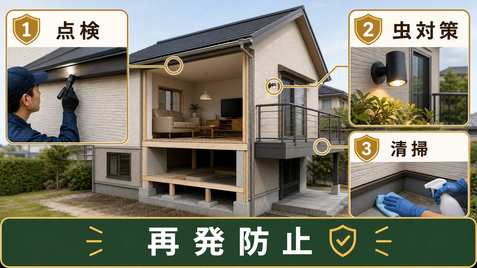 コウモリ駆除後の再発防止ポイントのイメージ