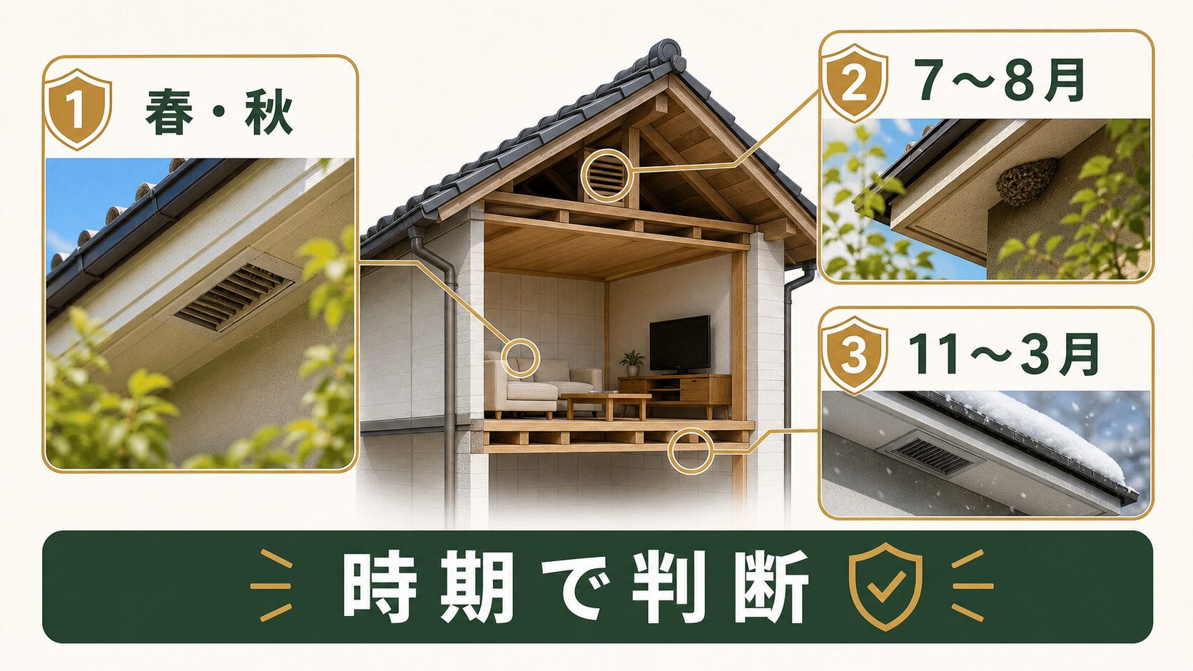コウモリの追い出し時期を季節で判断するイメージ