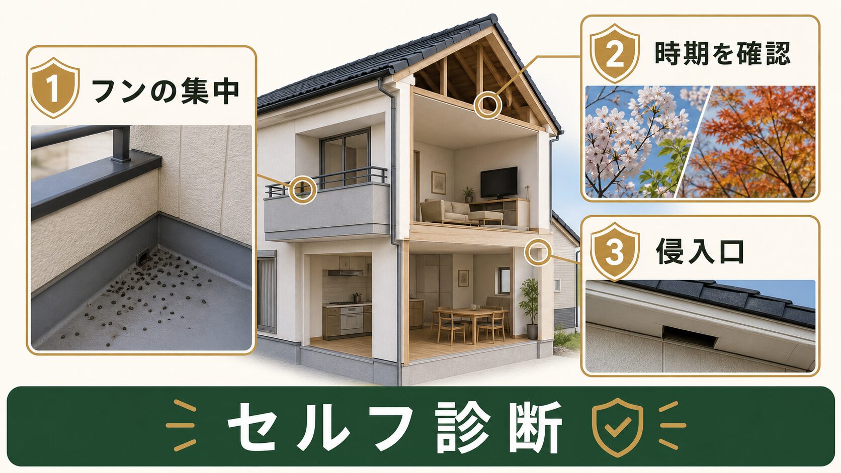 コウモリ被害を3つの確認ポイントでセルフ診断するイメージ