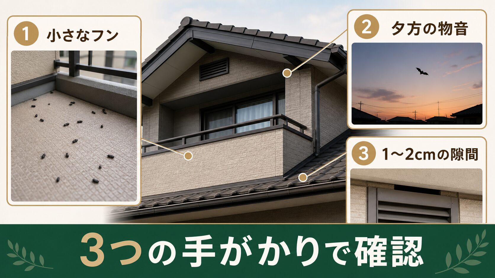 コウモリの特徴を3つの手がかりで見分けるイメージ