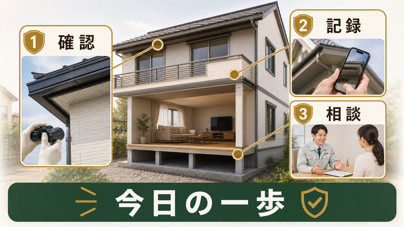 コウモリ被害に気づいた日に始める確認と相談のイメージ