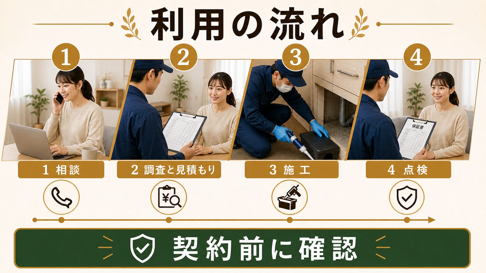 静岡防虫のネズミ駆除、利用の流れ(STEP1〜4)のイメージ
