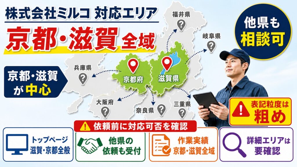 対応エリア、京都・滋賀全域+他県相談可の中身を確認するイメージ