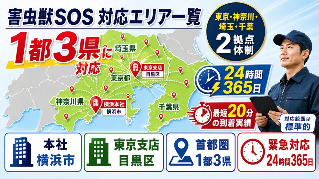 害虫獣SOSの対応エリア図。東京・神奈川・埼玉・千葉の1都3県に対応、本社は横浜市、東京支店は目黒区、24時間365日受付で最短20分の到着実績