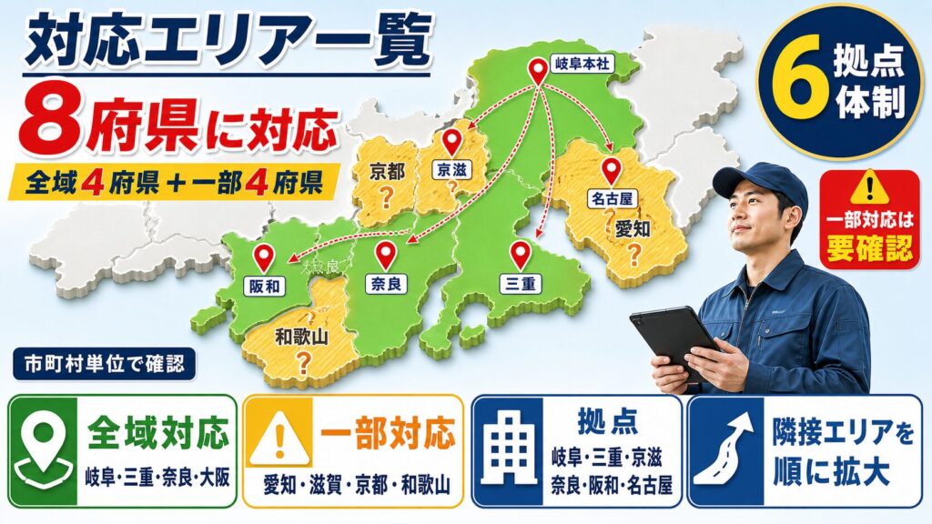 対応エリアは8府県。ただし「一部対応」の県には注意のイメージ