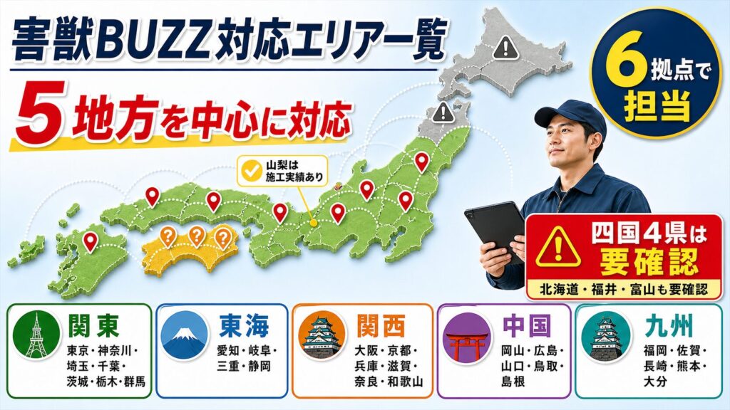 害獣BUZZの対応エリア(5地方・6拠点)を示す地図