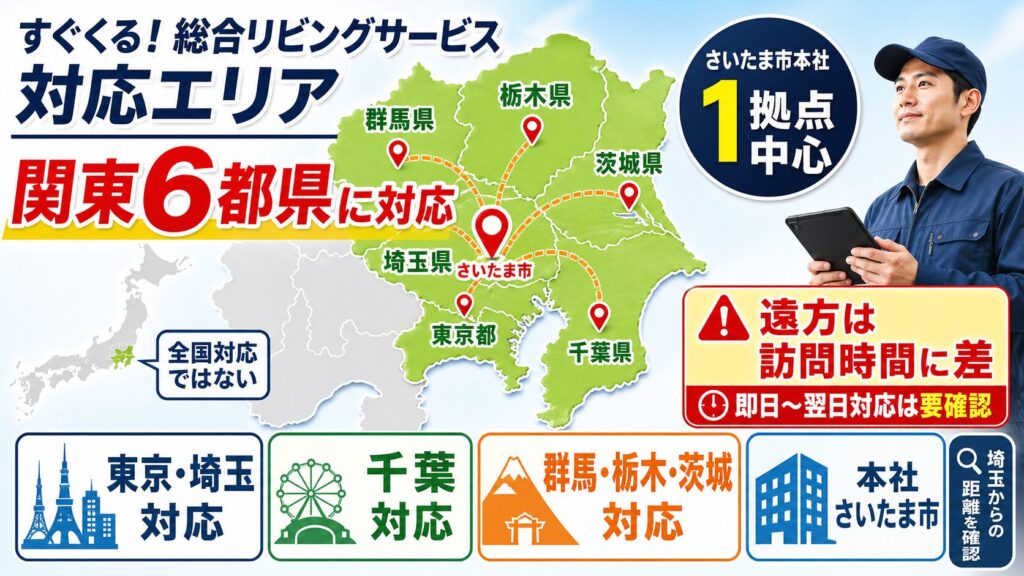 すぐくる！総合リビングサービスの対応エリア図。関東6都県（埼玉・東京・千葉・群馬・栃木・茨城）に対応、さいたま市本社の1拠点中心で全国対応ではなく遠方は訪問時間に差が出る